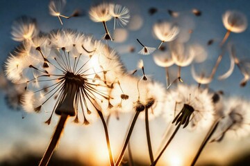 Dandelion seeds drifting through the air in a sun-kissed afternoon.

