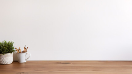 Fototapeta na wymiar wooden desk mockup with white background