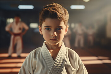 Portrait of a young boy wearing a traditional gi or do-gi at his karate class, martial arts class