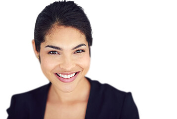 Portrait, businesswoman and smile for career with closeup for administration, professional and job. Female person, manager and excited face on isolated or transparent or png background for occupation