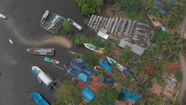 Top down view of local boat construction site at Indonesia, aerial