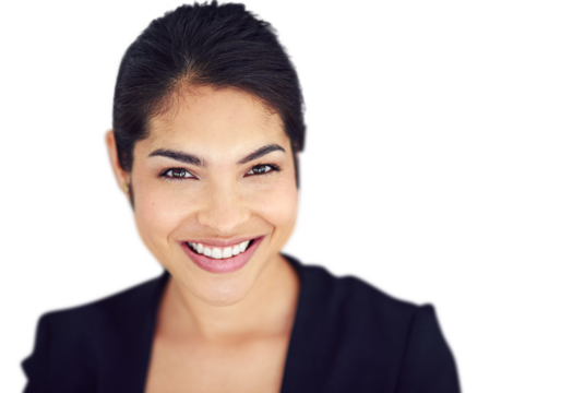 Portrait, businesswoman and smile for career with closeup for administration, professional and job. Female person, manager and excited face on isolated or transparent or png background for occupation