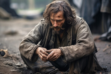 Obraz premium Portrait of a homeless man sitting on the side of the road