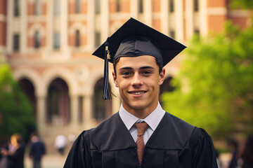 A young male student smiling on his college graduation day, wearing the traditional cap and gown