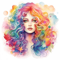 Bright illustration of a woman's portrait, watercolor art, fictional character created by AI