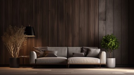 3D showcasing an empty room with a dark brown plank wall. Subtle and hidden warm lighting enhances the realism, creating a cozy atmosphere. 