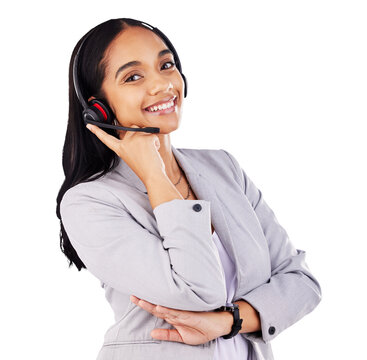 Business Woman, Call Center And Portrait For Communication, Customer Service Or E Commerce Support. Happy Face Of Consultant Or Agent With Headphones For Advice Isolated On Transparent PNG Background