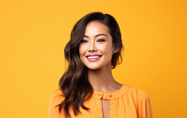 happy smiling Beautician on solid color background