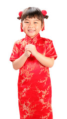 Happy girl wearing red dress in Chinese traditional stye, Chinese new year concept isolate on white background with cluping path.