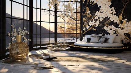 3D garden-inspired empty room corner, adorned with captivating black and gold swirls. Sunlight bathes blank pastel walls and a wooden floor, casting gentle window shadows.  - obrazy, fototapety, plakaty