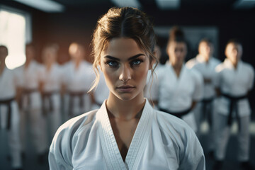 Portrait of a woman wearing the traditional gi or do-gi at her martial arts class - obrazy, fototapety, plakaty