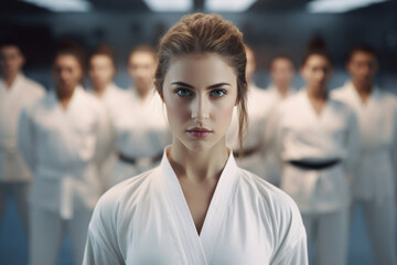 Obraz premium Portrait of a woman wearing the traditional gi or do-gi at her martial arts class