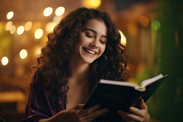 A young woman smiling while reading in a book - obrazy, fototapety, plakaty