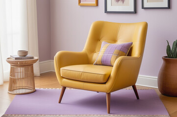Yellow leather sofa, interior design of modern living room. 