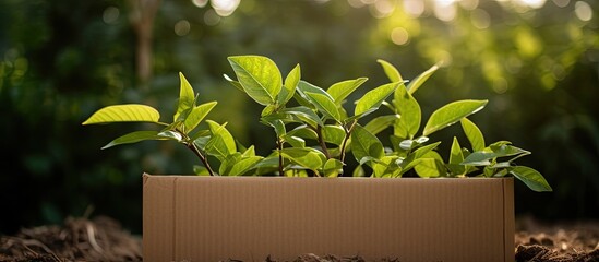Green leaves growing in a cardboard box symbolizing eco-friendly and sustainable living with renewable energy, avoiding plastic and waste.