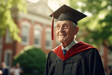 Portrait of an elderly man on his university graduation day, wearing the traditional cap and gown
