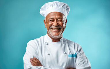 old happy smiling Chef on solid color background