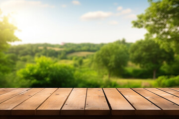Empty wooden tabletop with blurred beautiful natural background, for mock up and montage product display advertisement.