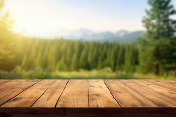 Empty wooden tabletop with blurred beautiful natural background, for mock up and montage product display advertisement.