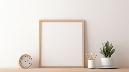 3D mockup poster frame, nestled on a bright wood counter against a warm white wall. Radiate Scandinavian charm with minimalistic design, including a vase plant.