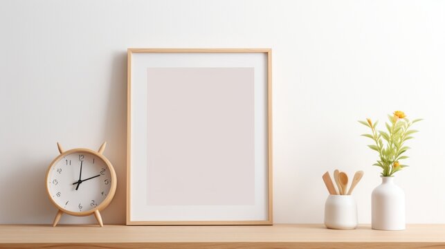 3D mockup poster frame, nestled on a bright wood counter against a warm white wall. Radiate Scandinavian charm with minimalistic design, including a vase plant.