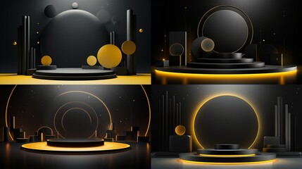3D background featuring a cylinder podium. Charcoal and yellow hues dance harmoniously in the glowing light semi-circles, creating an abstract and vibrant scene designed for mockup product.