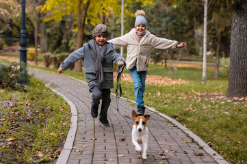 Obraz premium Brother and sister walk the dog in the park in autumn. Boy and girl running with jack russell terrier on a leash. 