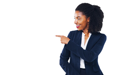 Smile, pointing and young business woman for marketing, advertising or promotion with confidence. Happy, hand and professional African person with show gesture isolated by transparent png background.