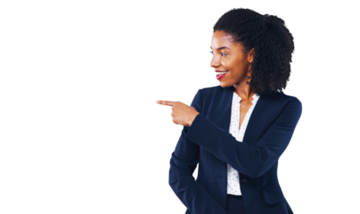 Smile, pointing and young business woman for marketing, advertising or promotion with confidence. Happy, hand and professional African person with show gesture isolated by transparent png background.