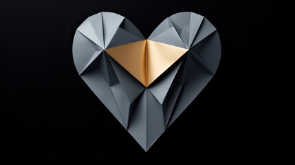 A darkly dramatic geometric heart with a single gold facet creates a shadow of calligraphic love note, blending sophistication with sentimental art.