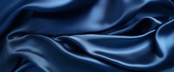 Fototapeta premium Navy blue silk satin. Silky shiny fabric. Dark luxury background with space for design. Banner. Wide. Long. Panoramic. Template. Empty. Flat lay, top view table. Beautiful.Elegant.Birthday,Christmas