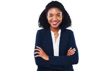 Portrait, smile and a corporate black woman arms crossed isolated on a transparent background for...