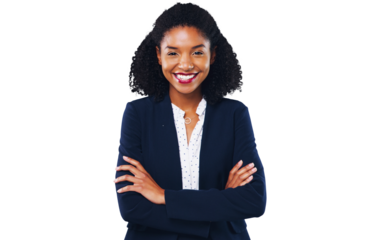 Portrait, smile and a corporate black woman arms crossed isolated on a transparent background for work. Business, mission and happy with a confident young employee on PNG for her professional career