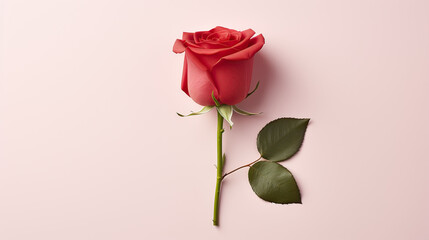 A single red rose with vibrant leaves lies against a light background, evoking the silhouette of handwritten affection with its shadow.