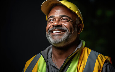 Fototapeta premium old happy smiling Construction Worker on black background