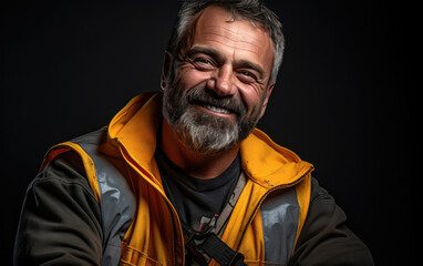 Obraz premium old happy smiling Construction Worker on black background