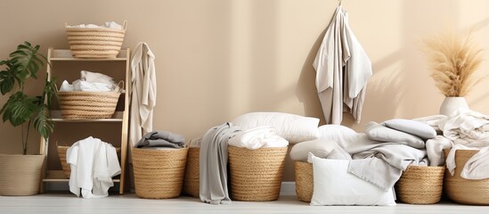 Laundry baskets arranged vertically in the room - obrazy, fototapety, plakaty