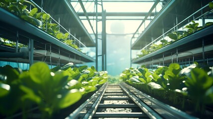 Fresh organic plant growth in modern greenhouse technology 