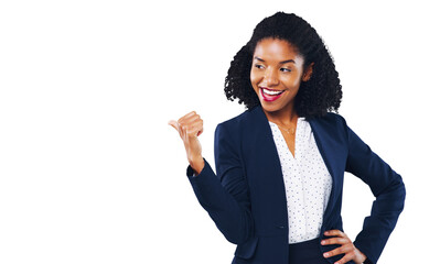 Happy woman, business and pointing in advertising or marketing isolated on a transparent PNG background. African female person or employee showing deal, promotion or special sale in notification - obrazy, fototapety, plakaty