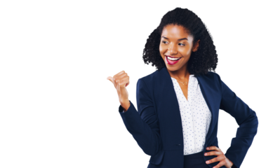 Happy woman, business and pointing in advertising or marketing isolated on a transparent PNG background. African female person or employee showing deal, promotion or special sale in notification