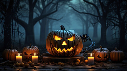 Fototapeta premium a carved Halloween pumpkin surrounded by candles in a dark forest