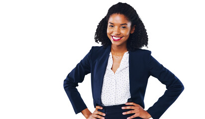 Happy black woman, portrait and professional in confidence isolated on a transparent PNG...