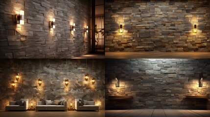 Fototapeta na wymiar Explore the contemporary of elegance of an empty room adorned with stone wall lamps in this 3D. The interplay of light on the textured wall adds a touch of modern sophistication to the interior.