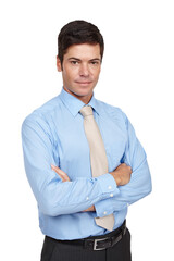 Businessman, confident and portrait with arms crossed for professional, consultant and corporate career. Person, smile face and job pride with suit or tie and isolated on transparent png background