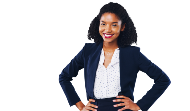 Happy black woman, portrait and professional in confidence isolated on a transparent PNG background. African female person, boss or business employee smile with hands on hips in corporate management