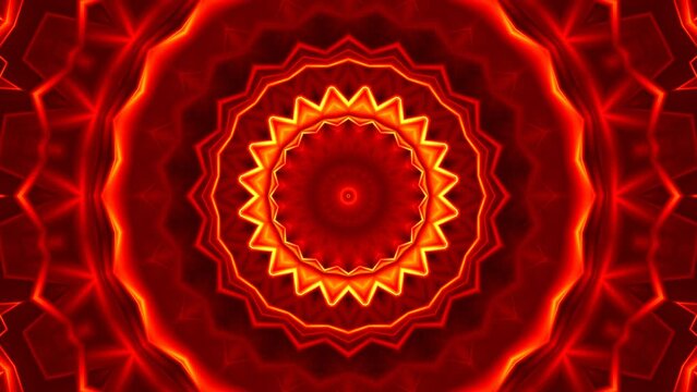 Red flamy star or planet spreading beams to different directions and pulsating. Abstract background with fiery round ornament transformation. Geometric pattern with polygonal shapes. 4K UHD 4096x2304