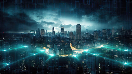 a smart city with a lot of lights in the middle of it represent advanced technology and connection