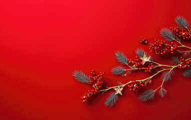 Twig spruce with Christmas decorations on bright red background, top view