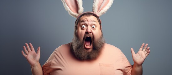 Fat man with beard wearing bunny ears looks disgusted. - obrazy, fototapety, plakaty