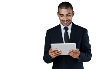 Isolated business man, tablet and reading for smile, thinking and app by transparent png background. Corporate lawyer, digital touchscreen and happy for analysis, ideas and results in investigation